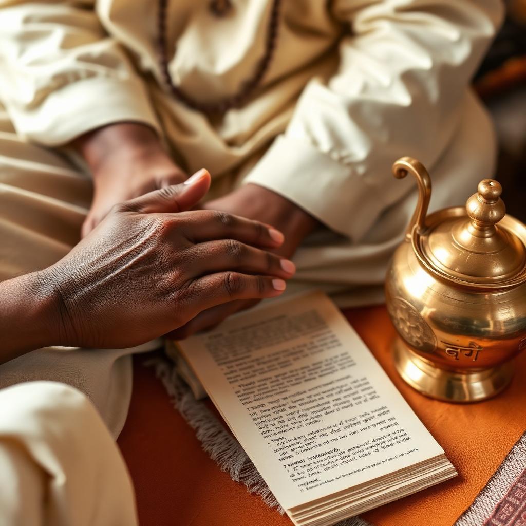 Vaidya conducting nadi pariksha with classical Ayurvedic manuscripts