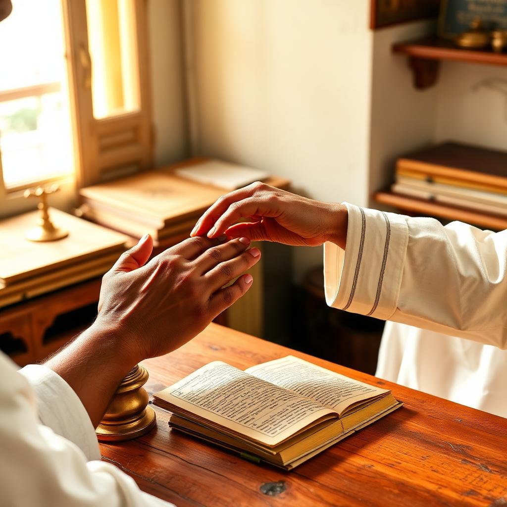 Vaidya conducting pulse diagnosis with classical Ayurvedic texts