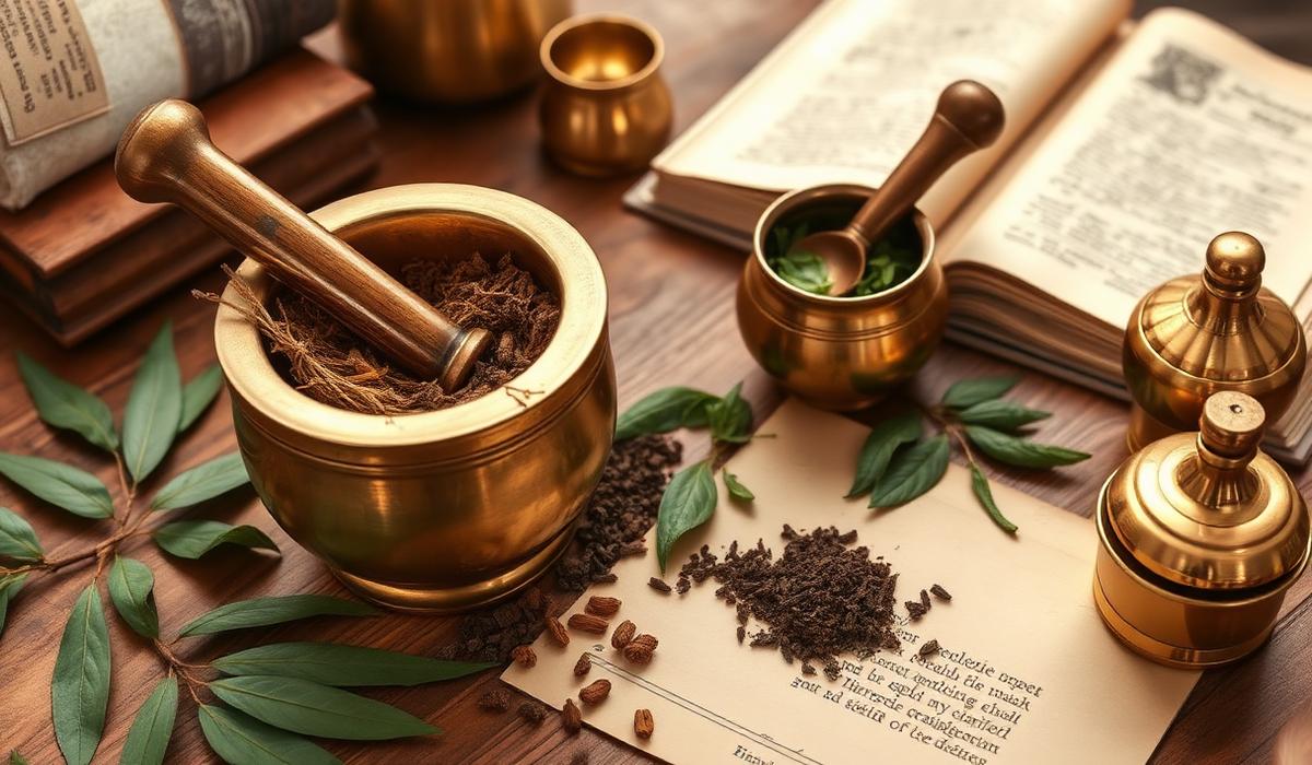 Ayurvedic herbs, brass mortar and classical texts